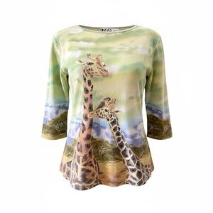 VTG Take Two Giraffe Print 3/4 Sleeve Top - Green/Blue SZ Medium EUC